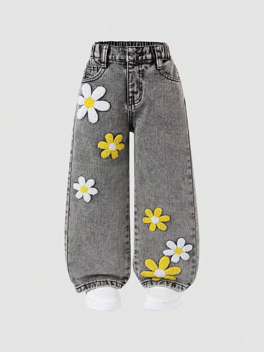 SHEIN ChillGRL Girls/Toddlers' Fashion Snowflake Washed Distressed Embroidered Flare Pants - Light Grey - View 1