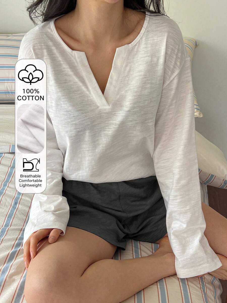 DAZY Women's Minimalist V-Neck T-Shirt And Shorts Pajama Set - White - View 1