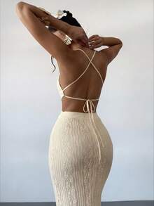 Firerie 女士白色提花串珠系带露背修身开衩连衣裙，性感度假连衣裙，春夏服装，沙滩装，通勤装，优雅，性感，度假，海滩，波西米亚风，夏威夷，音乐节，浪漫，约会装 - 米色 - 查看 2