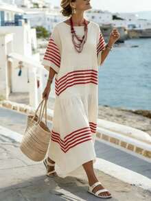 SHEIN Holidaya Women's Dress, Round Neck, Raglan Sleeve, Front & Back Digital Red Stripe Print Design, Cotton-Like Bamboo Fiber Texture, All-Match Style, Casual Daily Wear - Multicolor - View 4