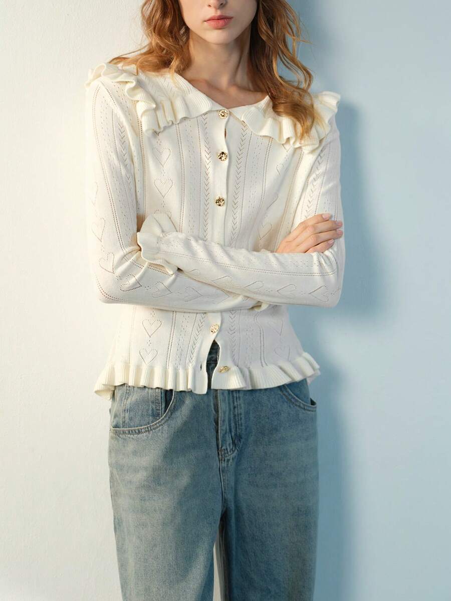 Maija Graphic Apricot Ruffled Hem Women Knit Cardigan Valentine's Day Vacation Outfits Women Spring To Summer - Apricot - View 1