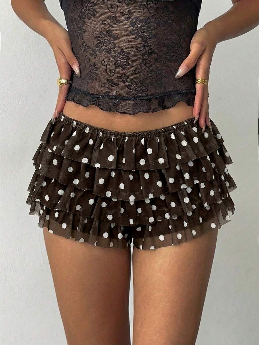 Aloruh Women's Elegant Y2K Polka Dot Print Layered Ruffle Hem Mini Shorts,Ruffle Skirt, Summer Outfit For Women