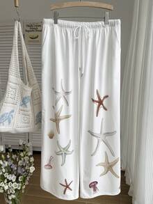 Comfortcana Plus Size Starfish Print Casual Drawstring Pants, Spring/Summer White Beach Pants - White - View 4