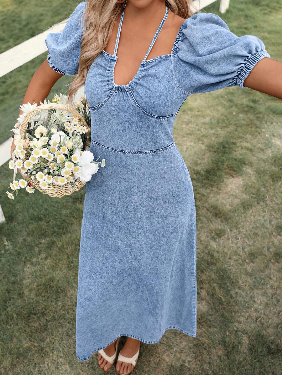 Breezaya 女士休闲水洗泡泡袖牛仔连衣裙，夏季 - 藍色 - 查看 1