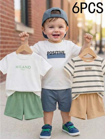 SHEIN 6pcs/Set Baby Boy Casual Cute Letter Print Short Sleeve T-Shirt & Elastic Waist Shorts Set, Multi-Color Basic Outfit Tshirt Striped Short Sleeve Toddler Sets Summer Baby Casual Sets Gender Neutral Baby Clothes Summer