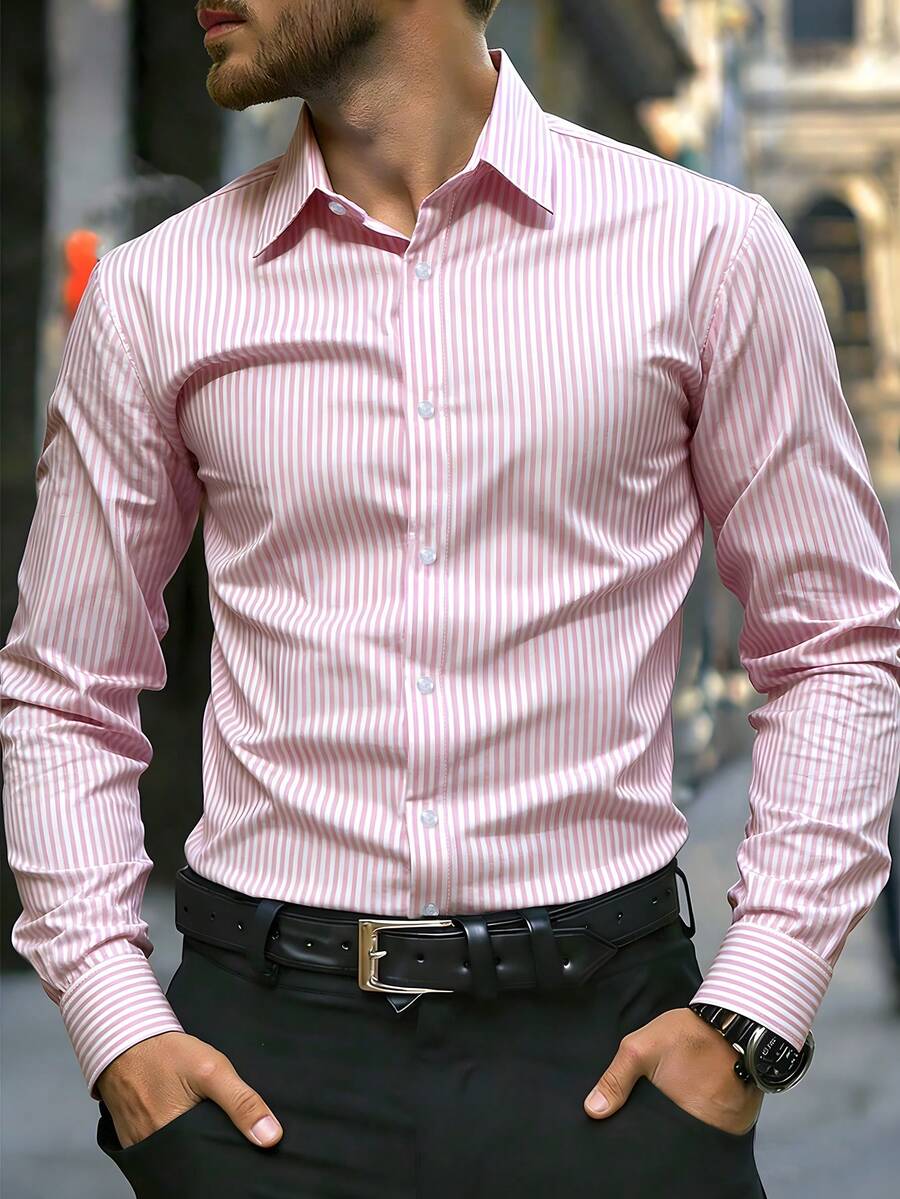 Manfinity Mode Camisa de manga larga a rayas de vestir informal para hombres - Rosa Pálido - Ver 1