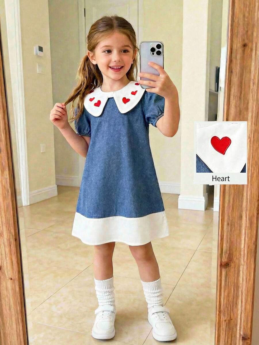 SHEIN Vestito di jeans casual oversize da ragazza con maniche a lanterna, vestito di jeans casual e ampio adatto per uscite, feste, tempo libero e attività all'aperto - Blu lavato medio - Visualizzare 1