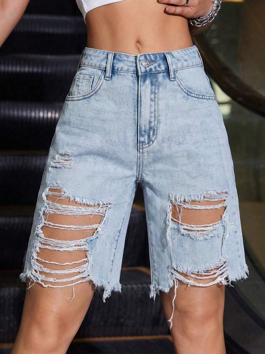 SHEIN ICON Celana Pendek Denim Sobek dengan Kantong untuk Wanita - Light Wash - View 1