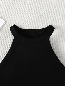 两件套少女休闲露背无袖上衣和豹纹长裤套装，舒适简约 - 黑色 - 查看 3