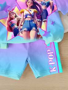 SHEIN 2 pièces/set Haut à manches courtes et short imprimé de dessin animé décontracté pour jeune fille, convient pour l'été - Multicolore - Voir 6
