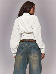 MUSERA Button Funnel Neck Detail Rib Cinched Waist Fitted Jacket Winter Going Out Everyday Night Out Casual Cool Streetwear Washed Spring - White - View 4