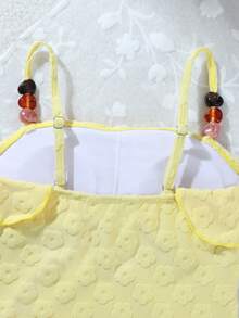 SHEIN 1件女童黄色梅花针织面料舒适修身荷叶边下摆连体泳衣，适合海滩、泳池、度假、夏季旅行 - 黃色 - 查看 7