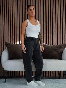 SAYEHFBABY PETITE 女式休闲修身锥形七分牛仔裤，蓝色低腰宽松牛仔裤，喇叭裤型女式牛仔裤，娇小女式牛仔裤 - 黑色 - 查看 5