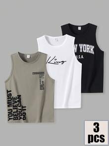 SHEIN 3pcs Tween Boys Casual Letter Print Tank Tops, Suitable For Outings, Outdoor, Holiday Parties, Summer Beach Vacations, Spring & Summer Wear - Multicolor - View 4