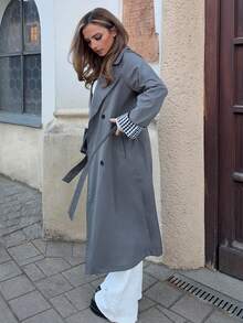 Jeta Ari Loose Lapel Double-Breasted Long Sleeve Plaid Patchwork Women Trench Coat - Grey - View 6