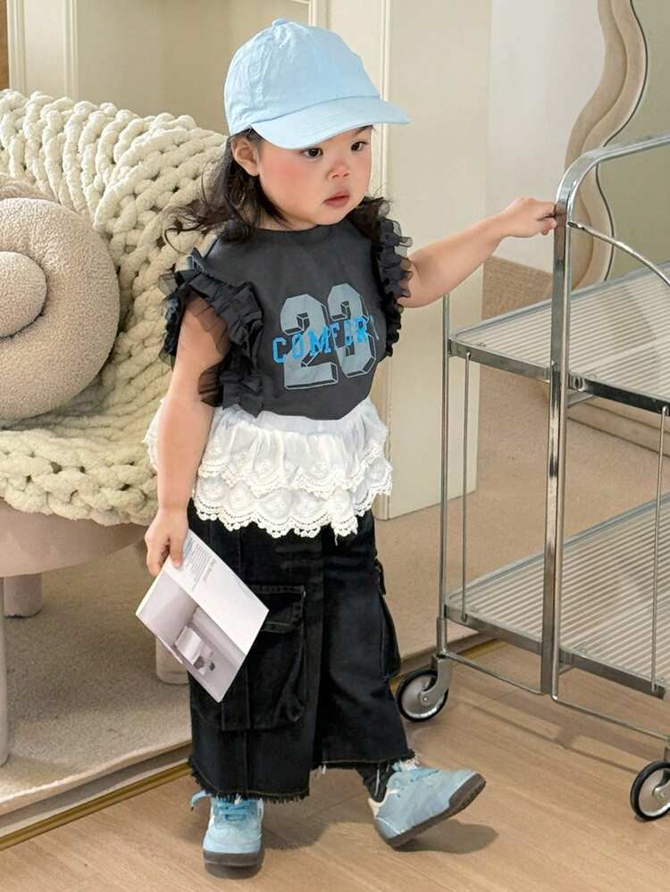 Toddler Girls' Round Neck English Letter Print Short Sleeve Ruffle Hem Patchwork Summer Top