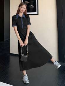 DAZY Women's Contrast Color Korean Style Casual Long Sleeve Midi Dress Sundress - Black - View 6