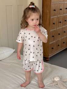DAZY Baby Girls' Short Sleeve Shorts Pajama Set, Cute Bow Decor Sleepwear Toddler Girls Clothes - Apricot - View 7