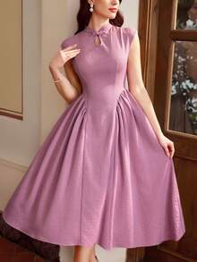 Vintamour 复古经典优雅女式连衣裙，春夏修身新款中式旗袍领连衣裙，纽扣连衣裙，粉紫色连衣裙 - 粉色 - 查看 1