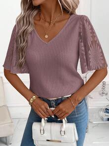 SHEIN Clasi Women's New Elegant Waffle Knit Patchwork Ruffle Sleeve T-Shirt, Versatile For Daily Wear, Commuting And Multiple Occasions - Dusty Pink - View 2