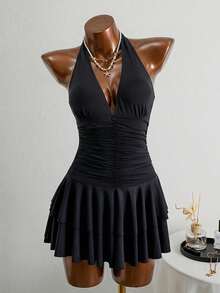 Swim Vcay 2026 Spring/Summer Women's Halter Neck Ruched Deep V-Neck Fitted Vacation One-Piece Bikini Swimsuit - Black - View 4