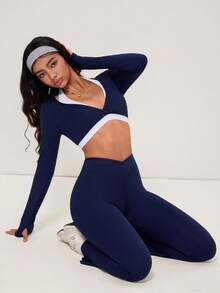 Hanevo Women's Long Sleeve Top And Flared Leg Pants 2 Pieces Set - Navy Blue - View 5