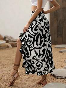 Breezaya Falda evasé con volantes y abertura alta con estampado de leopardo en blanco y negro y flores - Blanco y Negro - Ver 2