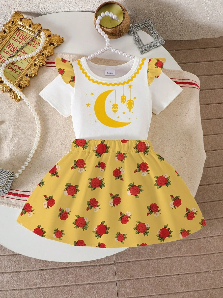 SHEIN Girls Cute Star & Moon Cartoon Floral Ruffle Hem Tee & Skirt - Multicolor - View 1