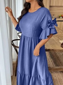 Weeklong Plus Size Casual Solid Color Bow Decor Dress - Blue - View 3