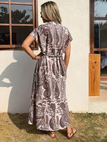Vivie Lora Women's V-Neck Loose Brown Floral Print Dress Summer Sundress Boho Vacation Outfits Women - Brown - View 2