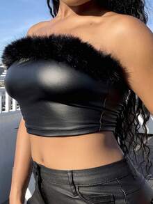 Tyla Gomez Fuzzy Trim PU Leather Tube Going Out Black Top - Black - View 4