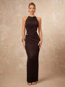 Lumalex 女士圆领褶皱交叉金属装饰修身连衣裙 - 棕色 - 查看 3