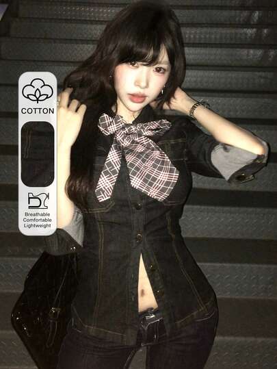 DAZY 束腰弹力牛仔衬衫，女士修身显瘦长袖休闲牛仔上衣，春季款