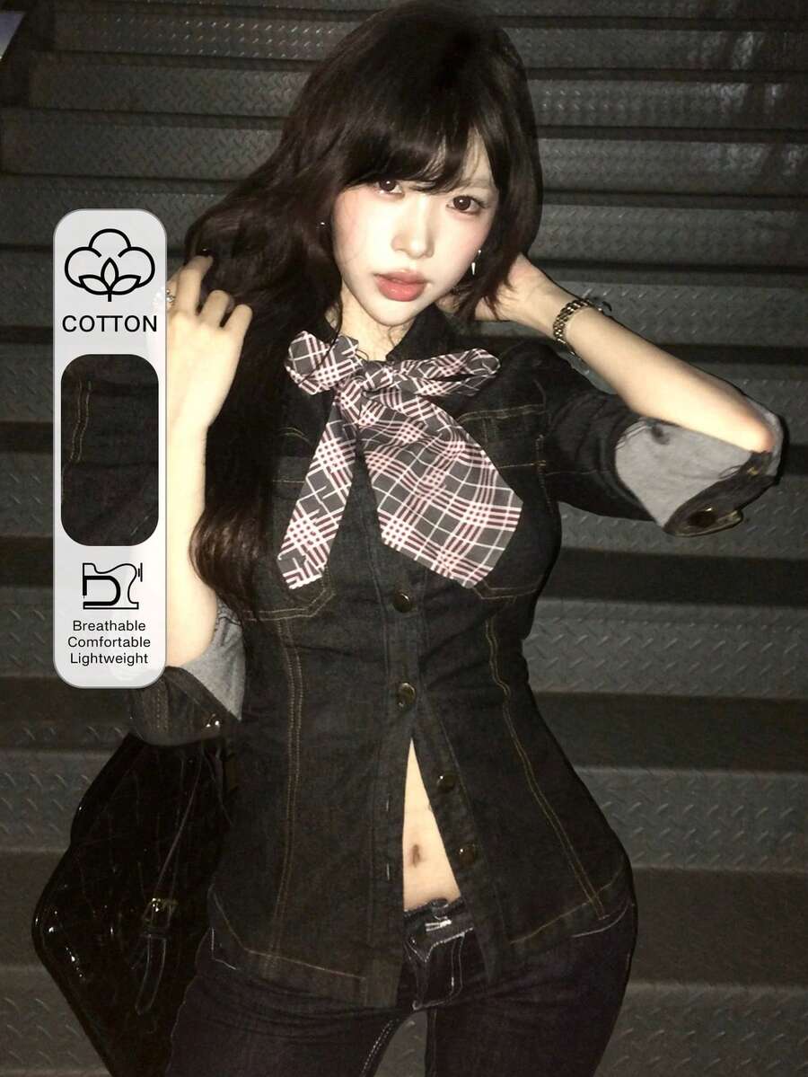 DAZY 束腰弹力牛仔衬衫，女士修身显瘦长袖休闲牛仔上衣，春季款 - 深色水洗藍 - 查看 1