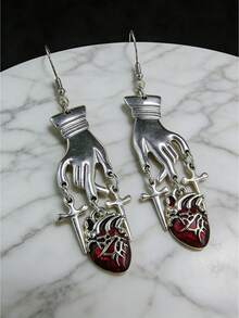 Joivida 1对哥特式泪滴耳环，镀合金材质，红色水晶十字架设计，垂坠式耳环，适合低过敏性朋克摇滚音乐会派对之夜装扮，哥特吸血鬼风格 - 紅色 - 查看 5