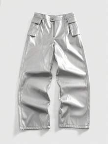 ROMWE MEN Street Life Men's Shiny PU Leather Zip Front Wide Leg Pants - Silver - View 8