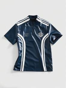 ROMWE MEN Street Life 男士PU织带拉链立领字母印花极简短袖T恤 - 藍色 - 查看 7