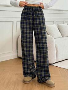 SHEIN Tall Women's Belted Plaid Straight Leg Loose Casual Pants - Yellow - View 4