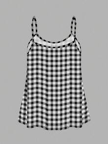 SHEIN EZwear 3件套加大码女式褶皱宽松吊带背心，黑色+雾霾蓝+黑白格子图案，可调节肩带，适合春夏穿着 - 彩色 - 查看 4
