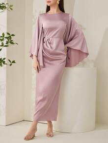 Veilorie Đầm dài ôm dáng, thanh lịch, tối giản, sang trọng dành cho nữ, thích hợp dự tiệc, dạ hội, với tay áo loe và điểm nhấn kim loại. - Hồng - Xem 7