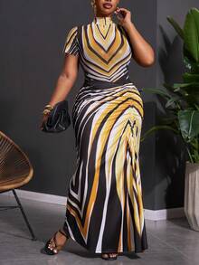 Veslaya Women's Plus Size Yellow Curve Elegant Cocktail Summer Striped Mock Neck Short Sleeve Jumpsuit And Pleated Maxi Skirt Set,Music Festival Party Outfit - Multicolor - View 3