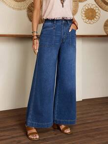 SHEIN LUNE Women's Vacation Casual Washed Wide Leg Jeans - Blue - View 5
