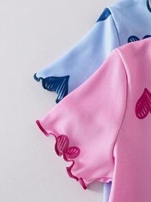 4pcs Baby Girls Cute Heart Pattern Short Sleeve Pajama Set With Frill Trim At Cuffs, Hem And Leg Openings - Multicolor - View 8