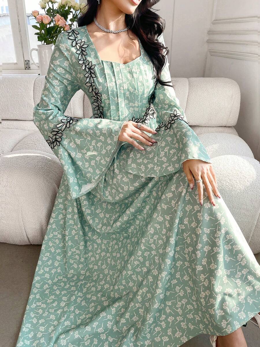 Al Najma Elegant Modest Green Ditsy Floral Square Neck Flare Sleeve Dress, Suitable For Spring/Summer - Green - View 1