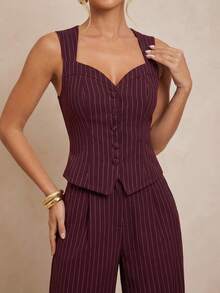 Lumalex Bộ đồ nữ mùa xuân/hè, tiệc tùng, tiệc chiêu đãi, trang phục sang trọng, lấp lánh, tiệc lễ hội, dã ngoại, kỳ nghỉ, ngoài trời, tiệc cưới, lễ trưởng thành, màu đỏ tía sọc, cổ đứng, khoét eo, khuy kim loại, ống quần thẳng, kèm áo vest không tay, sang trọng, dự tiệc prom, Giáng sinh, Năm mới, quần áo ấm áp mùa thu và đông cho nữ. - Màu Đỏ Sâu - Xem 5