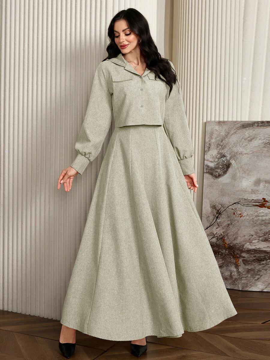 Seusyu 2pcs Women Casual Hooded Cropped Jacket And Sleeveless Dress Set, Spring Autumn 2 Pieces Set - Green - View 1