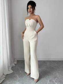 Rafferiza 女式优雅纯色褶皱抹胸式连身裤 - 杏色 - 查看 8