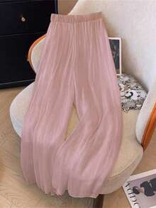 SHEIN LUNE Quần ống rộng lưng thun màu trơn đơn giản cho nữ, mùa hè - Hồng - Xem 4
