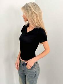 Sydney Algeri Women's Plain Collar Short Sleeve Casual Pleated T-Shirt - Black - View 4