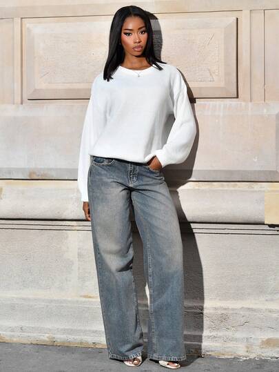 Mima John FOR BEAUTY Women's Spring/Autumn/Winter New Knitted Pullover, Simple And Elegant Casual Style, White Round Neck Long Sleeve Sweater